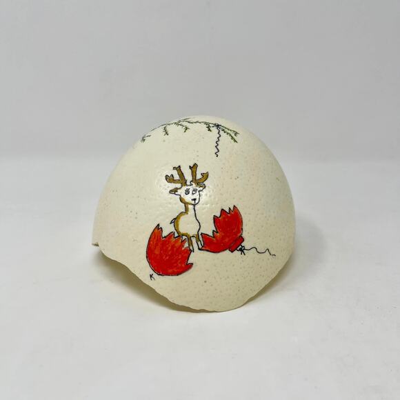 Hand Painted Ornament Reindeer on Partial Ostrich Egg Signed Nebraska Artist - Picture 2 of 6